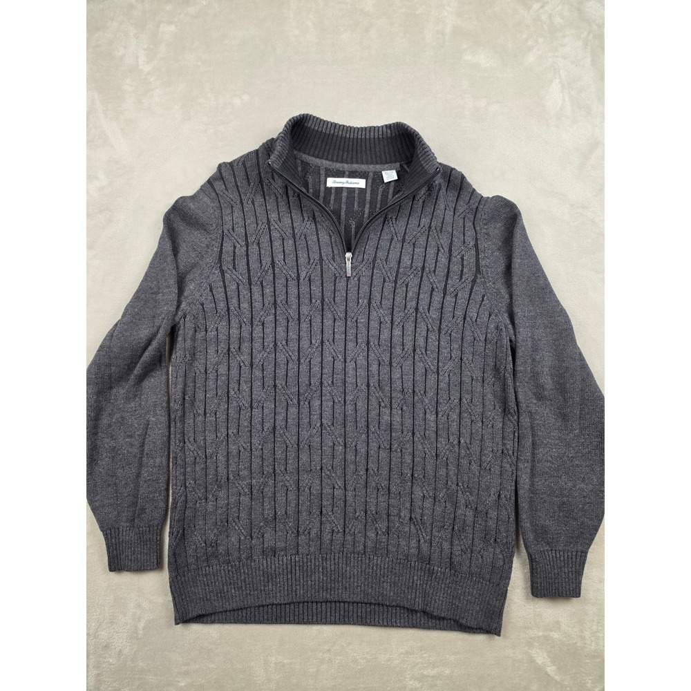 Tommy Bahama Quarter Zip Sweater Mens XL Gray Cable Knit Cotton Pullover